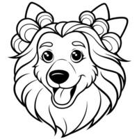 collie dog with curlers on his head smiling with his tongue hanging out, illustration line vector