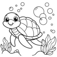 a coloring page, cute turtle in the ocean, illustration line art vector