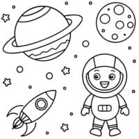 a fun space scene for kids with an astronaut floating in space, a rocket ship flying past planets vector