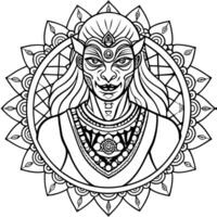a detailed black and white line drawing of a character surrounded by a mandala pattern the vector
