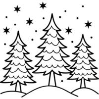 design a snowy forest with decorated pine trees and twinkling stars, illustration line art vector