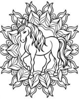 depict a horse surrounded by swirling mandala patterns, white background, illustration line vector
