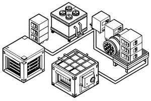 mining system cryptocurrency, wires computers stations cards, isometric view, vector