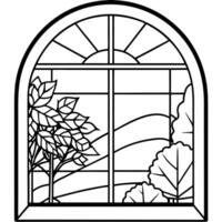 a coloring page only in black and white of window with autumn view the style should be bold and vector