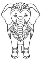a coloring page of an elephant with mandala patterns on its head and body, with no color just black vector