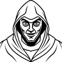 a frightening figure wearing a hood with sinister eyes and an empty face looking towards the camera vector