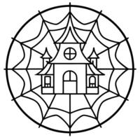 haunted house with broken windows and spider webs mandala, illustration line art vector