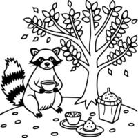 a warm-hearted raccoon enjoying a picnic of pastries and tea under a tree covered in soft, glowing vector