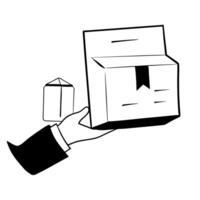 icon of a hand holding a project sheet and a box, illustration line art vector