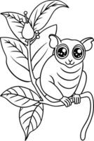 a wide-eyed tarsier gripping onto a branch, surrounded by dense tropical leaves, fruits, and vector
