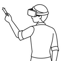 a perspective view from behind of person wearing a vr headset and holding out a pen, vector