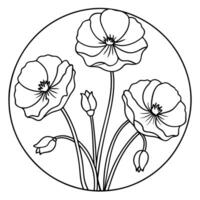 coloring pages for kids, bold line art, poppies arranged in a circular pattern, with petals and vector