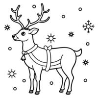 a close-up of a reindeer with a festive harness, standing in a snowy forest with snowflakes falling vector
