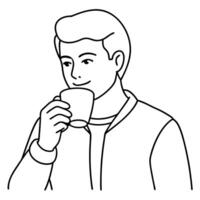 continuous single flat drawing of man drinking cup of espresso coffee, line art vector