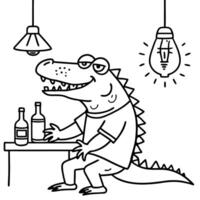 a crocodile in an alcoholic t-shirt is sitting at a table with a single light bulb burning in the vector