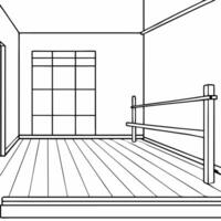 realistic, ballet room with stretching machine with wooden floor, from inside, illustration vector