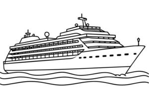 continuous single line drawing of large cruise ship on ocean, line art illustration, vector