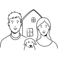 a couple and their dog are moving to a new home, kind nice mood, white background, vector