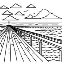 cartoon, a wooden pier in the foreground, with the sea visible in the distance, illustration vector