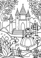 a castle for a princess standing on a huge garden, a swing where the princess sits, a lake and vector