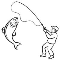 in a dramatic encounter, a fisherman skillfully casts his line, and a colossal fish leaps out of vector