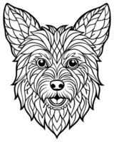 an intricate line art illustration of a yorkshire terriers head filled with detailed patterns and vector
