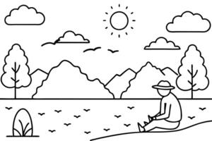 a glade, a fisherman is sitting on the glade next to the lake, the sun is shining above the vector