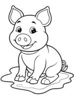 a basic line drawing of a pig sitting happily in a mud puddle, perfect for children to color, vector