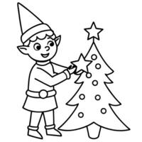 design a cheerful elf putting a star on top of a christmas tree, illustration line art vector