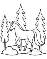 a unicorn walking in the middle of the forest black and white complex image for a coloring book, vector