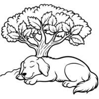 puppy sleeping under a tree, illustration line art vector