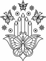 khamsa three fingers in the center, semetric, elegant style, butterflies, illustration line vector