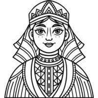 a black and white line drawing of a character wearing traditional clothing with intricate patterns vector