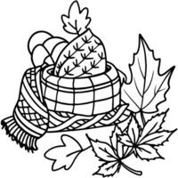 a fall scene with colorful leaves and a cozy blanket, illustration line art vector