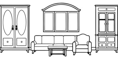 big living room with 3 walls, there an armoire on the left, sofa im centre and chair on the right, vector