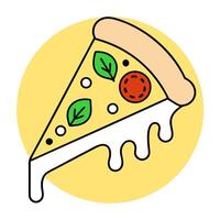 a brightly colored slice of pizza with a golden crust and melted cheese, topped with circular vector