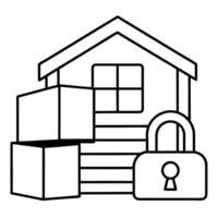 an unlock padlock at front and a self storage unit stacked boxes inside the unit at the back, vector