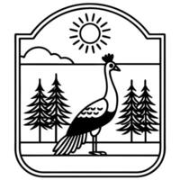 a line art featuring peacock standing in a thick forest peacock and should be centered in a vector