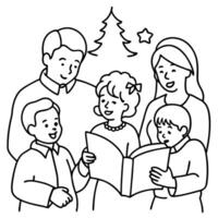 families gathered around to read a christmas story, illustration line art vector