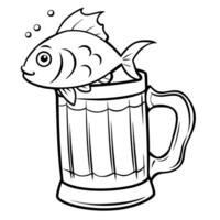 creative minimal design cartoon style beer mug with fish isolated on white background, vector