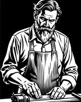 a courageous caucasian man with a beard, wearing a shirt and a leather apron, standing at a table vector