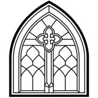 medieval church stained glass window, smooth lines and curves, with cross, illustration line vector