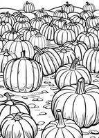 a scene of a lively pumpkin patch with pumpkins of all shapes and sizes scattered around, some vector