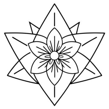 bold line art, a clematis flower in the middle, with spirals, triangles, and symmetrical patterns, vector