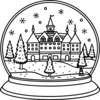 a snow globe with a festive town square and ice skaters, illustration line art vector