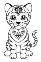 a coloring page of an baby tiger with mandala patterns on its head and body, with no color just vector