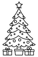 black and white style christmas tree with presents under it, clear background, vector