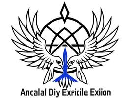 wraparound font spelling digital exile division wrapped around a blue phoenix with anarchy x for a vector