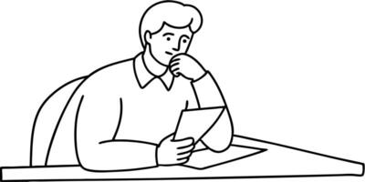 a man is sitting at the table holding a sheet of paper in his hand ang thinking, vector