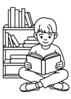 a child sitting cross-legged on the floor, completely absorbed in an open book behind the child is vector